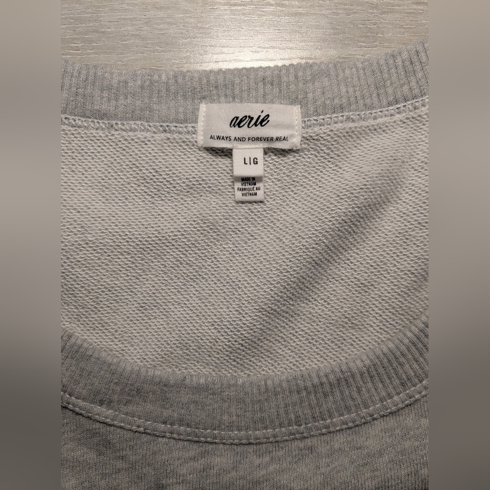 Aerie Heather Grey French Terry Scoop Neck Puff Sleeve Cropped Sweatshirt LG - Picture 9 of 10